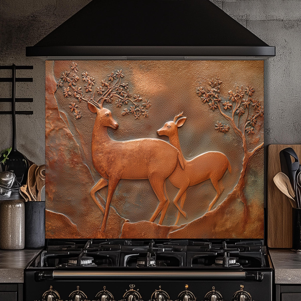 Copper Look Deer Backsplash: Tempered Glass Kitchen Stove Panel