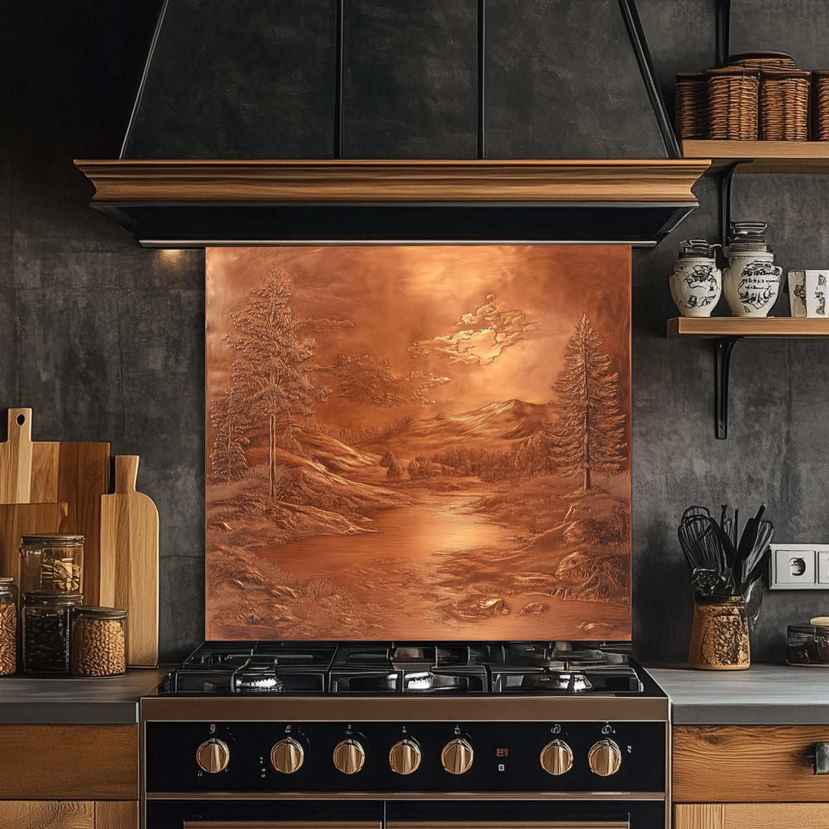 Tempered glass backsplash, landscape design, heat-resistant kitchen wall protector, copper-effect backsplash, easy clean kitchen backsplash, rustic kitchen decor, stove protector