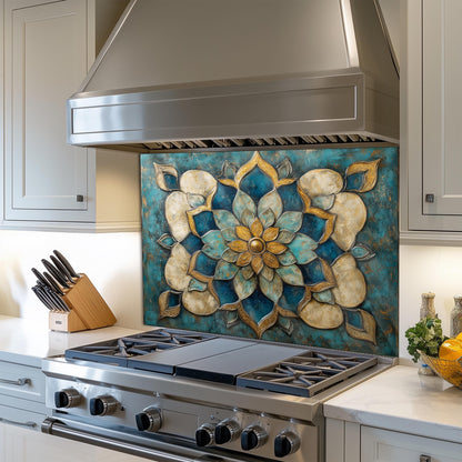 Moroccan Tempered Glass Kitchen Backsplash: Artistic Floral Stove Panel