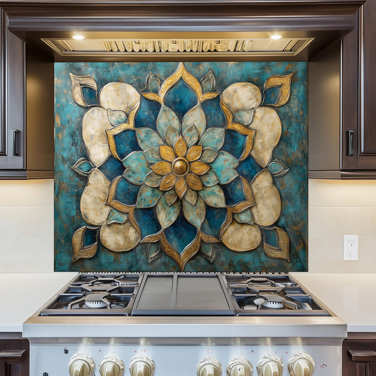 Moroccan Tempered Glass Kitchen Backsplash: Artistic Floral Stove Panel