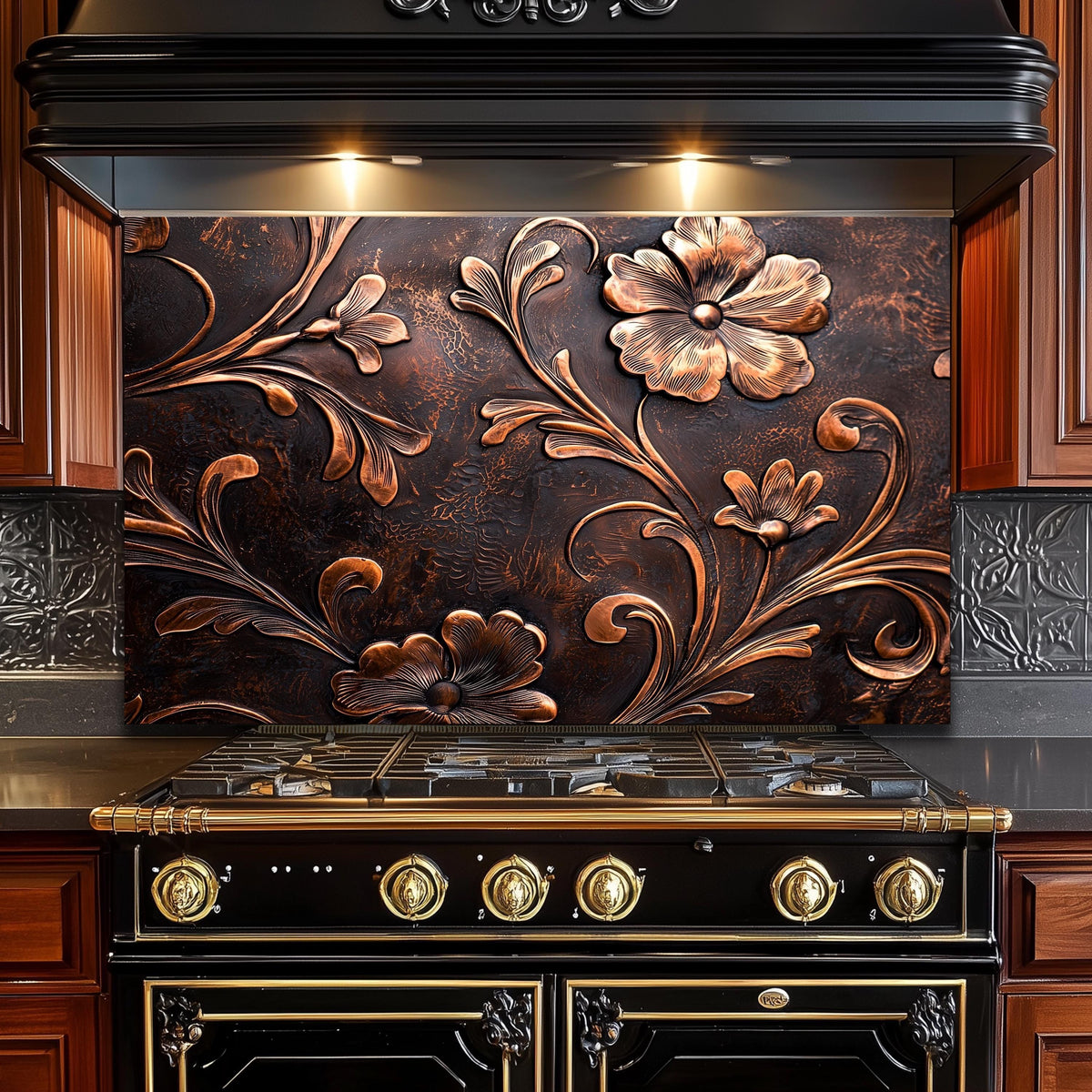 Embossed Copper Floral Glass Backsplash: Rustic Kitchen Decor