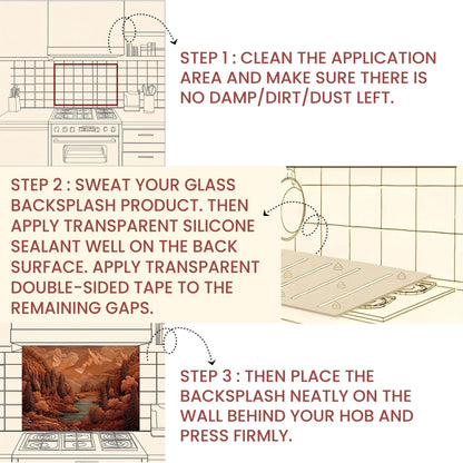 Rustic Sepia Mountain Glass Backsplash: Cabin Kitchen Stove Panel