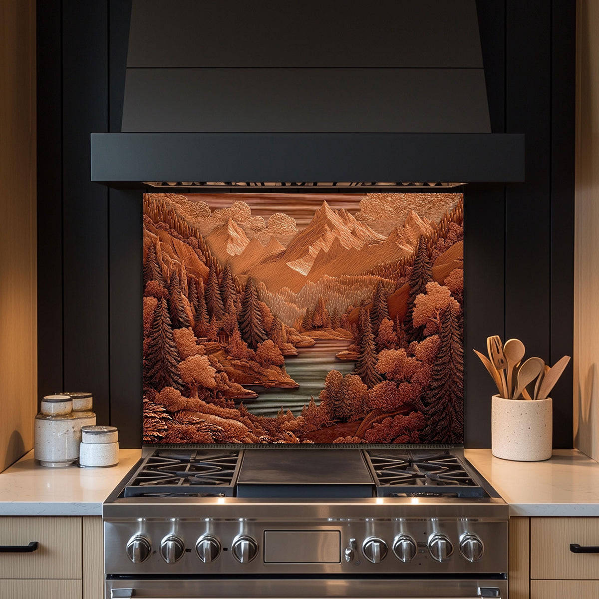 Rustic Sepia Mountain Glass Backsplash: Cabin Kitchen Stove Panel