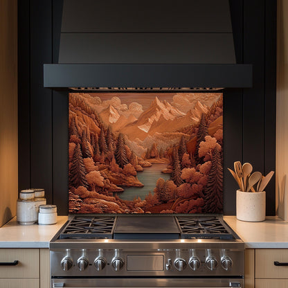 Rustic Sepia Mountain Glass Backsplash: Cabin Kitchen Stove Panel