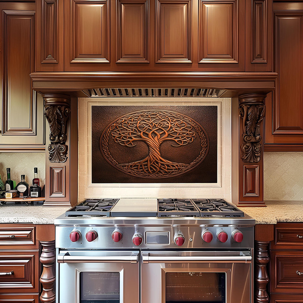 Celtic tree glass backsplash, rustic design, heat-resistant tempered glass, kitchen wall protector, artistic backsplash, easy to clean, modern kitchen decor, stove splashback, unique Celtic wall art