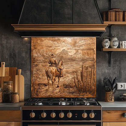 Western kitchen backsplash, cowboy riding design, heat-resistant tempered glass, rustic copper kitchen decor, easy clean wall protector, country kitchen backsplash, Western kitchen art