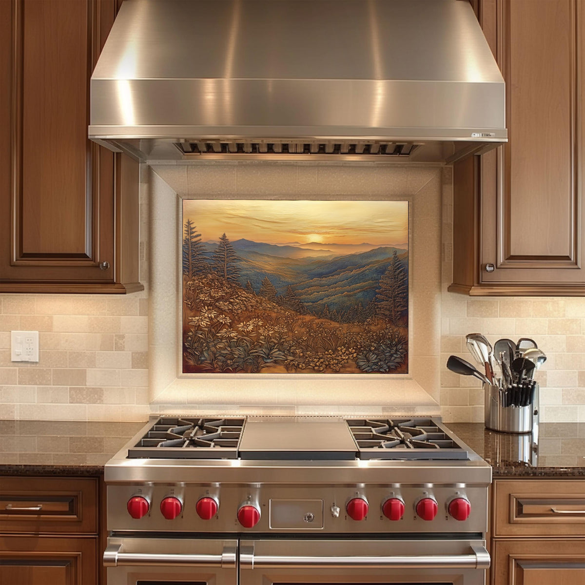 Heat-resistant kitchen wall protector, mountain landscape backsplash, copper effect tempered glass, rustic kitchen decor, easy clean stove backsplash, nature-inspired kitchen art