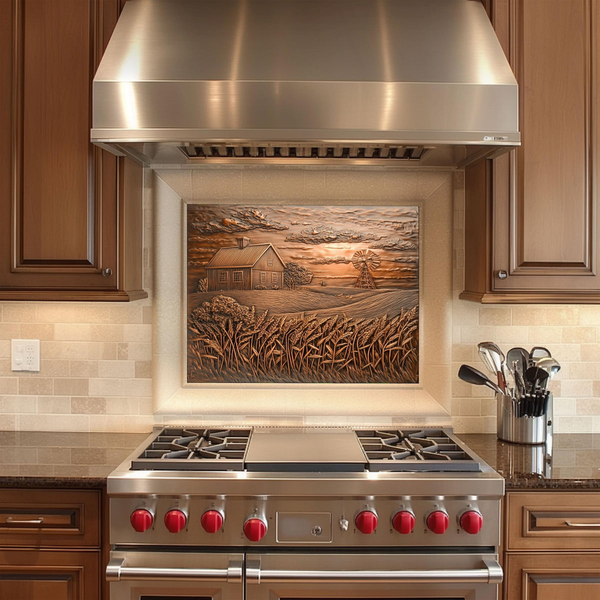 Copper Embossed Kitchen Backsplash: Farmhouse Windmill Tempered Glass