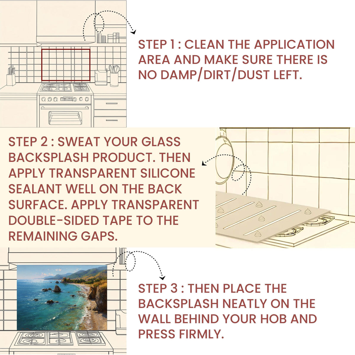 Tempered Glass Kitchen Backsplash: Mountain Sunrise Copper Effect