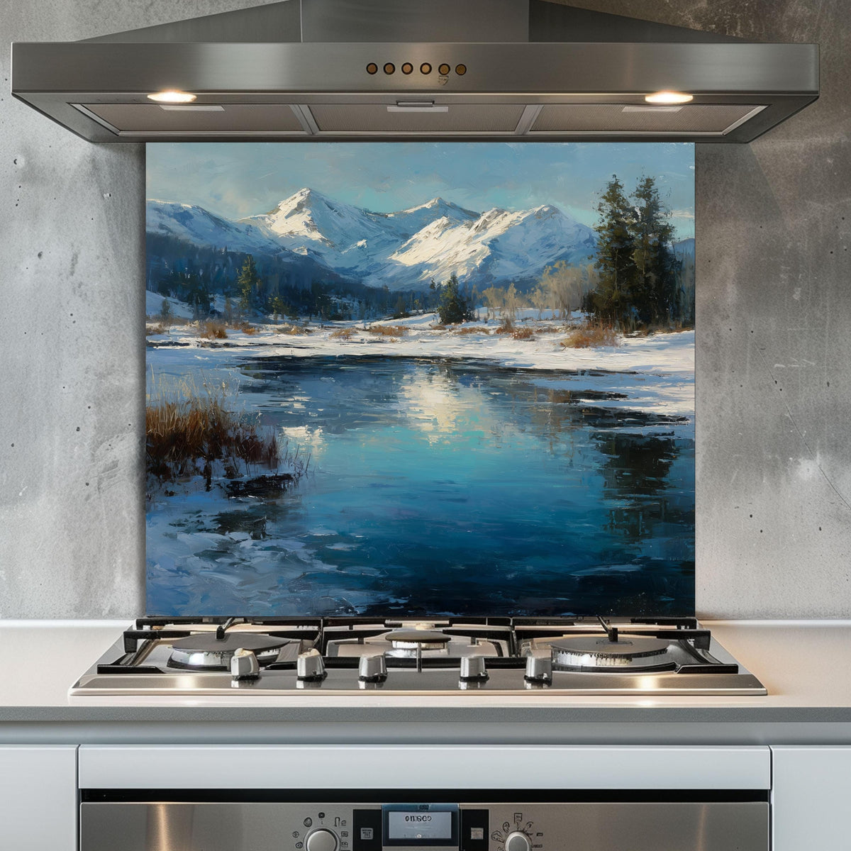 Winter Mountain Landscape Glass Backsplash: Tempered Glass Stove Panel
