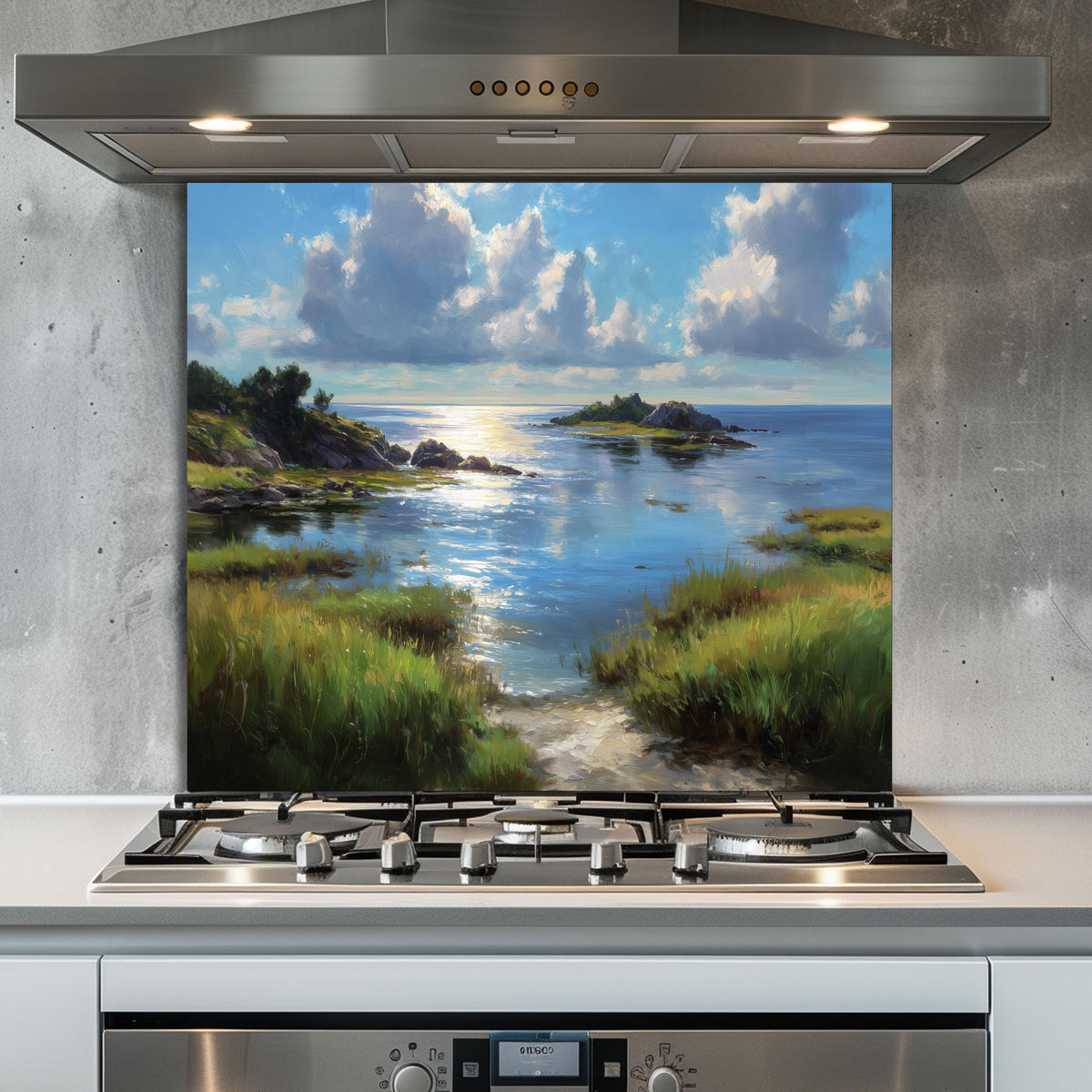 Tempered Glass Kitchen Backsplash: Mountain Sunrise Copper Effect