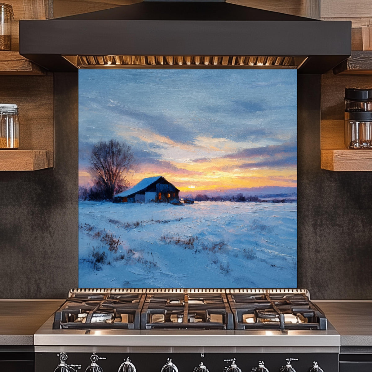 Winter Sunset Cabin Kitchen Backsplash - Tempered Glass Splashback for Stove - Snow Landscape Wall Panel -Glass Backsplash
