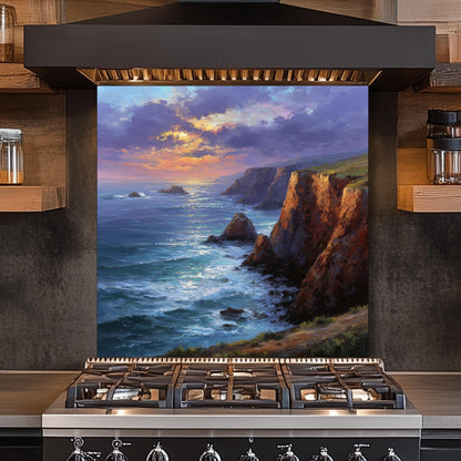 Coastal Cliff Ocean View Kitchen Backsplash, UV Printed Tempered Glass, Custom Size Design