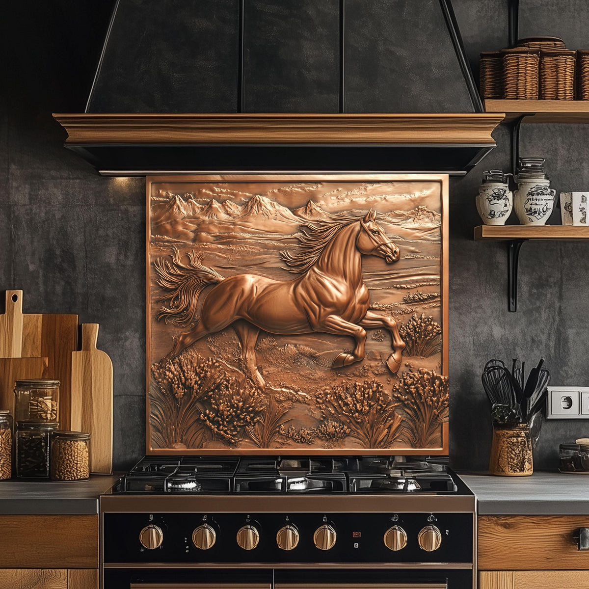 Horse kitchen backsplash, rustic copper effect wall protector, heat-resistant tempered glass backsplash, Western kitchen decor, horse wall art for kitchen, easy clean backsplash panel, stove protector for horse lovers