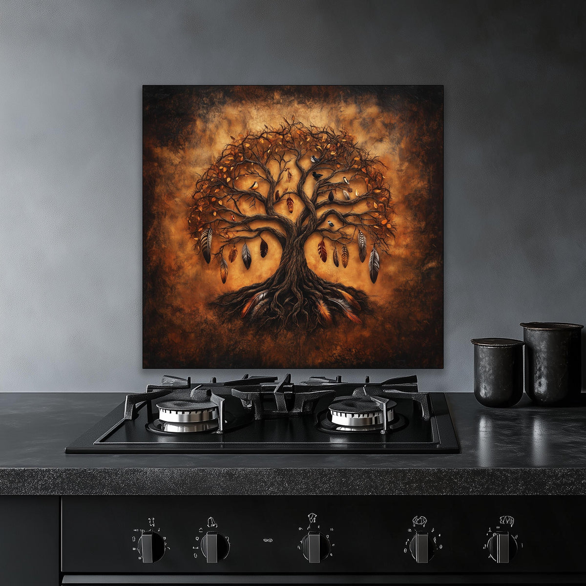 Dark tree of life backsplash, tempered glass panel, boho kitchen wall art, heat-resistant splashback, feather decor, easy clean wall protector, stove splashback, modern kitchen accent, artistic backsplash
