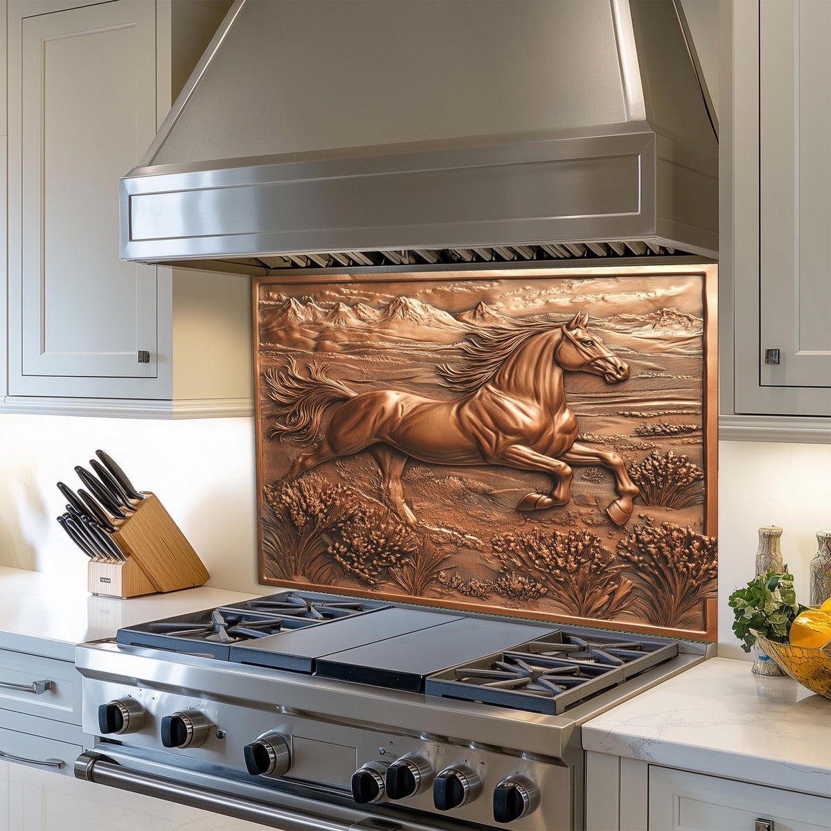 Western horse kitchen art, heat-resistant backsplash, rustic copper effect wall protector, easy clean tempered glass, horse design kitchen backsplash, stove wall protector, nature kitchen art