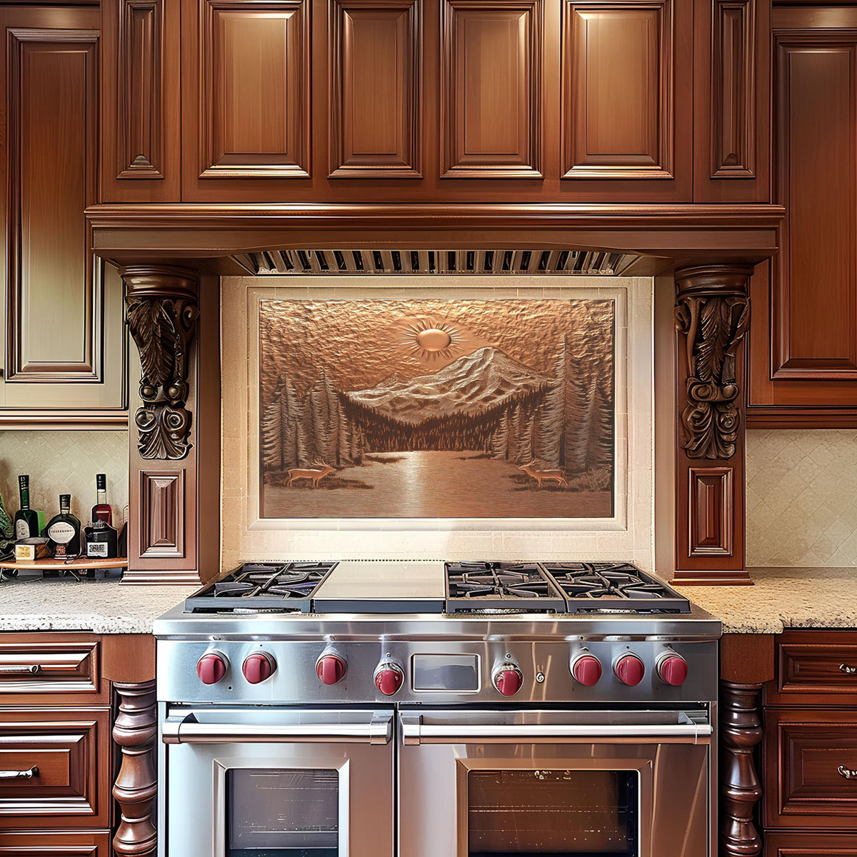 Rustic kitchen backsplash, copper mountain design, heat-resistant tempered glass, easy clean kitchen wall protector, nature-inspired wall art, stove backsplash protector, rustic decor