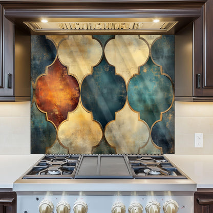 Moroccan Style Glass Backsplash, Blue Geometric Stove Guard, Heat Resistant Easy Clean Kitchen Art