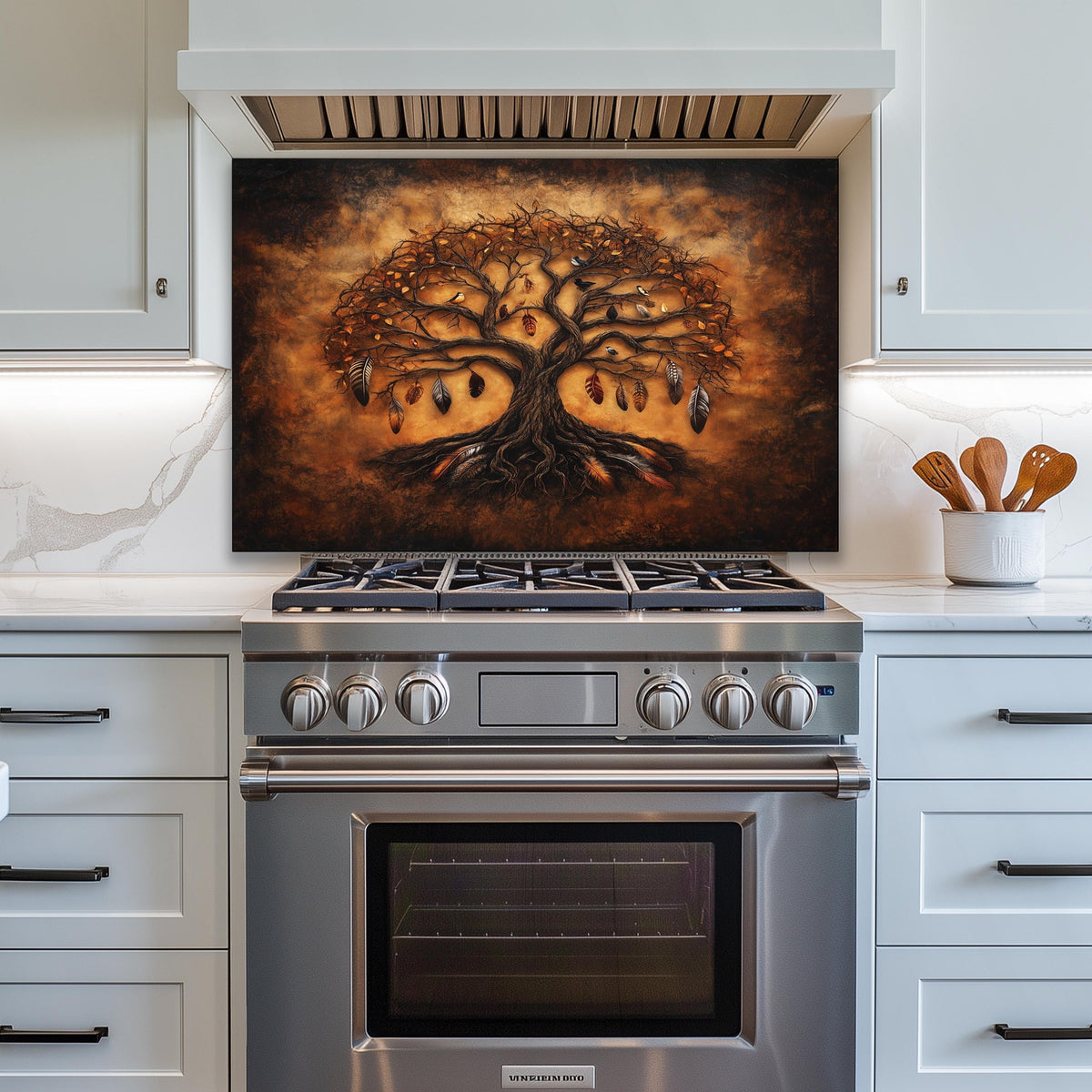Tempered glass backsplash, dark tree of life with feathers, bohemian kitchen wall art, heat-resistant panel, easy clean splashback, stove protector, artistic kitchen decor, modern wall art