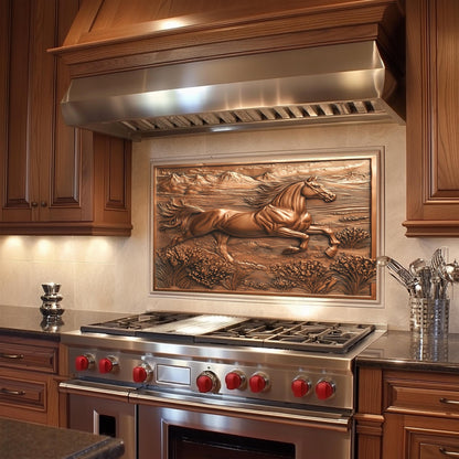 Copper effect kitchen backsplash, horse running design, heat-resistant tempered glass, easy clean kitchen wall protector, rustic Western kitchen decor, nature-inspired kitchen art, stove protector