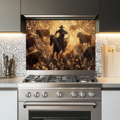 Cowboy Tempered Glass Stove Backsplash: Durable Kitchen Wall Art
