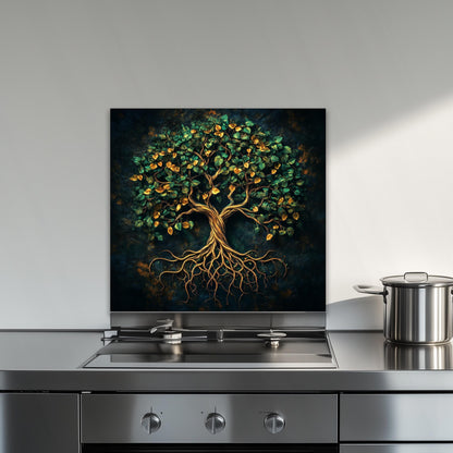 Tree of life glass backsplash, elegant design, heat-resistant tempered glass, kitchen wall protector, artistic backsplash, easy to clean, modern kitchen decor, stove splashback, elegant wall art