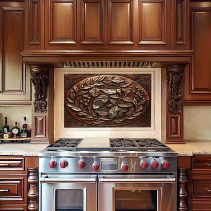 Copper wreath glass backsplash, rustic design, heat-resistant tempered glass, kitchen wall protector, artistic backsplash, easy to clean, modern kitchen decor, stove splashback, unique metal art