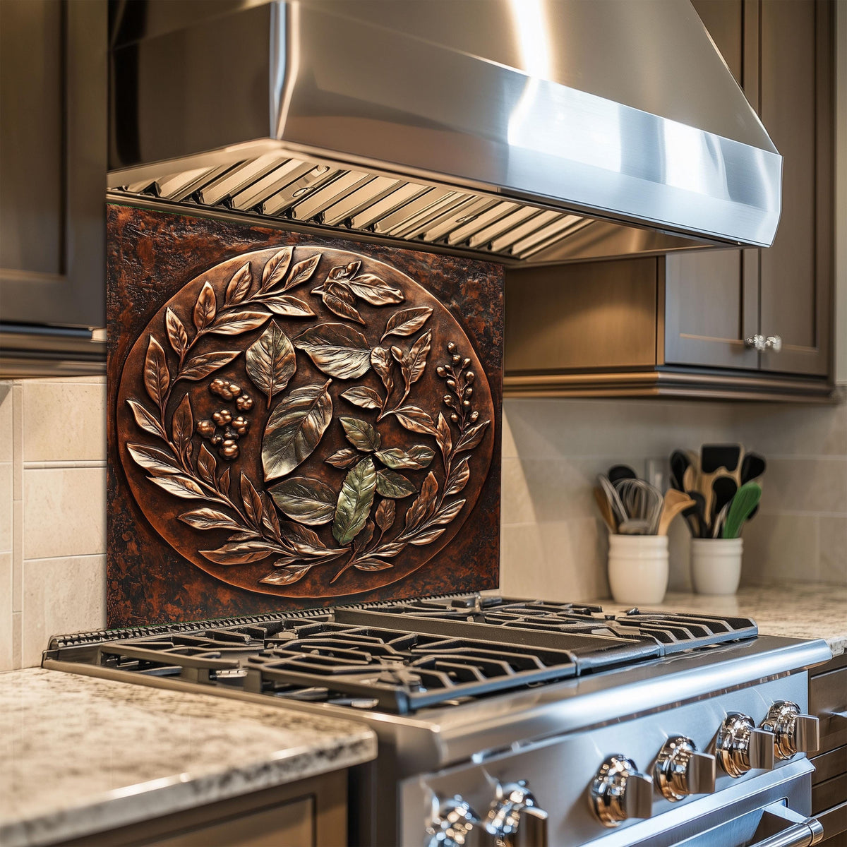 Copper wreath backsplash, tempered glass kitchen panel, heat-resistant splashback, easy to clean, stove wall protector, artistic wall art, modern kitchen accent, stylish backsplash, rustic metal decor