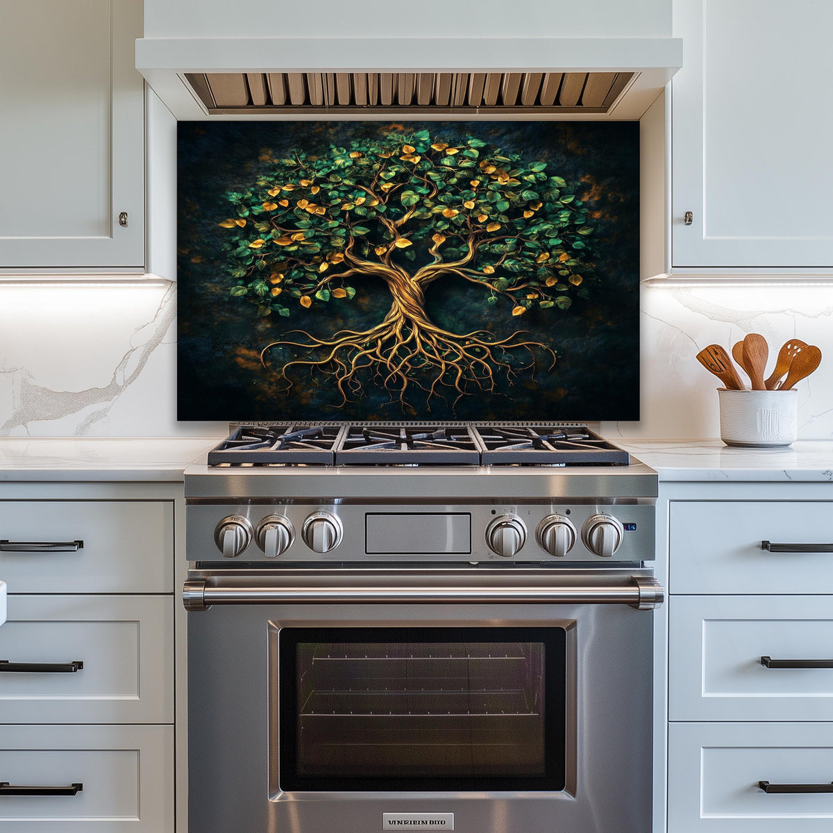 Tempered glass backsplash, green tree of life design, heat-resistant wall panel, easy clean kitchen protector, artistic backsplash, stove protector, elegant wall art, modern kitchen decor