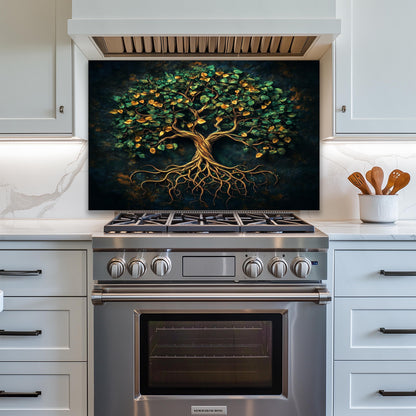 Tempered glass backsplash, green tree of life design, heat-resistant wall panel, easy clean kitchen protector, artistic backsplash, stove protector, elegant wall art, modern kitchen decor