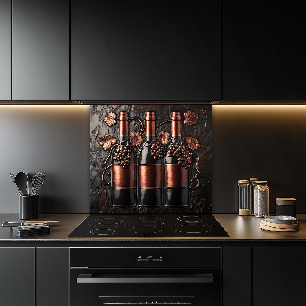 Easy clean kitchen backsplash, wine bottle and grapevine