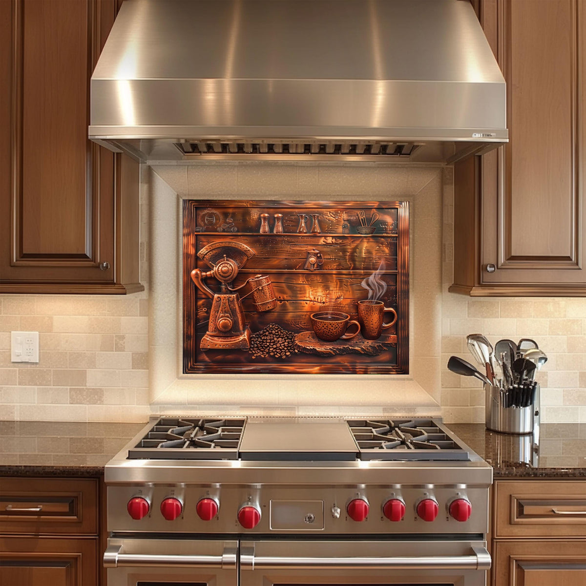 Coffee-themed tempered glass backsplash, copper design, heat-resistant kitchen wall panel, easy clean, stylish kitchen wall protector, artistic backsplash, stove protector, modern kitchen decor