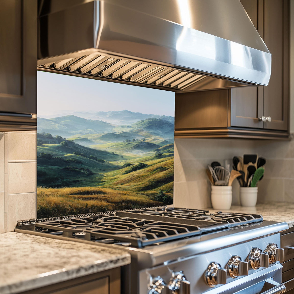 Green Hills Tempered Glass Backsplash – Nature Landscape Kitchen Wall Art