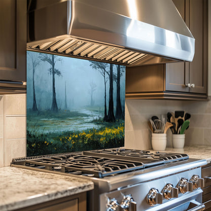 Foggy Meadow Swamp Tempered Glass Backsplash - Misty Wetland Kitchen Splashback with Yellow Flowers