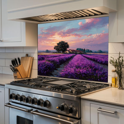 Provence Lavender Field Tempered Glass Backsplash - Sunset Countryside Kitchen Splashback - Heatproof Stove Wall Protector