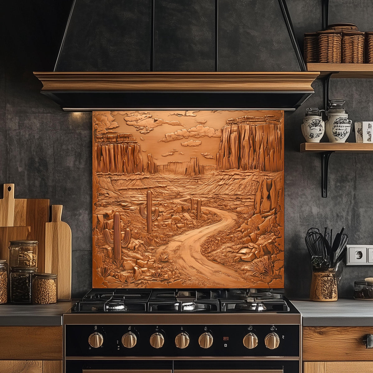 Desert canyon kitchen backsplash, copper effect tempered glass, heat-resistant kitchen wall protector, easy clean backsplash, rustic Southwestern design, stove wall protector, nature-inspired kitchen art