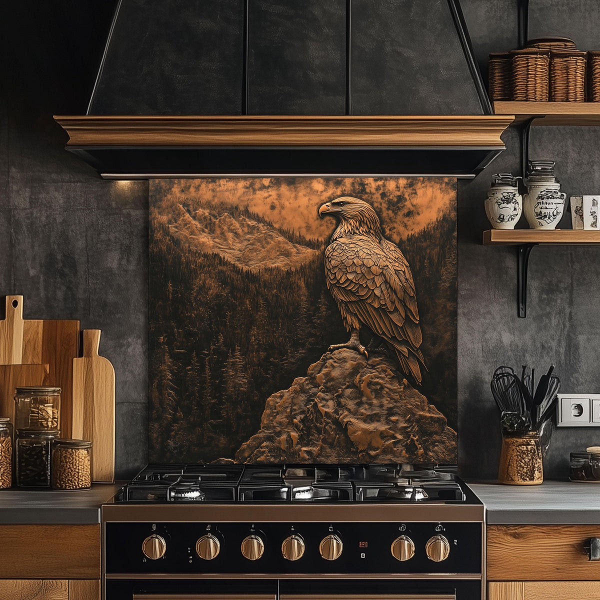Bald Eagle kitchen backsplash, copper effect tempered glass, heat-resistant kitchen wall protector, rustic mountain kitchen decor, easy clean backsplash, nature-inspired kitchen art, stove wall protector