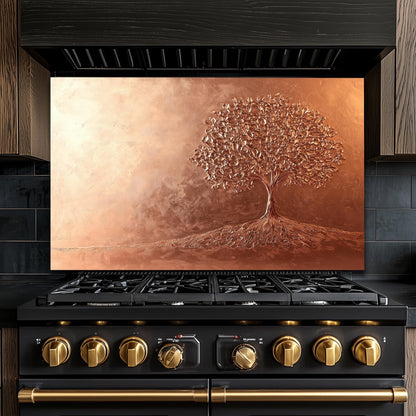 Tree of Life Tempered Glass Backsplash: Rustic Copper Kitchen Panel