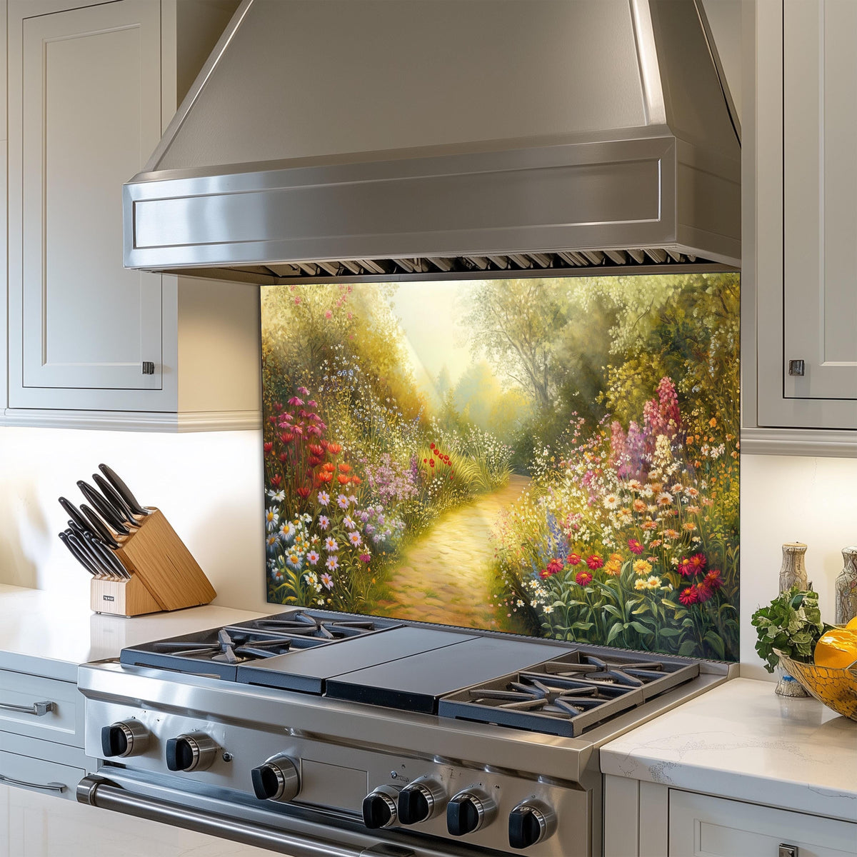 Floral Tempered Glass Kitchen Backsplash, Heat Resistant Wall Art, Custom Size Design