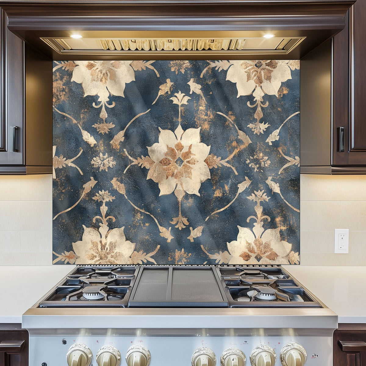 Moroccan Style Glass Backsplash, Blue Geometric Stove Guard, Heat Resistant Easy Clean Kitchen Art