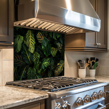 Tropical Jungle Leaf Tempered Glass Backsplash: Botanical Kitchen Wall Panel