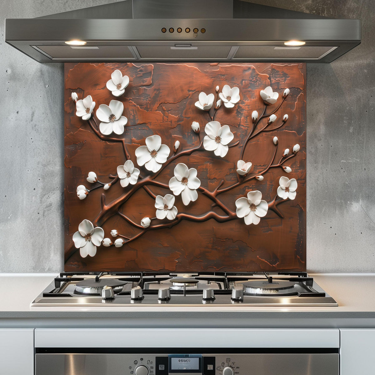 Tempered Glass Kitchen Backsplash: Copper Cherry Blossom Design