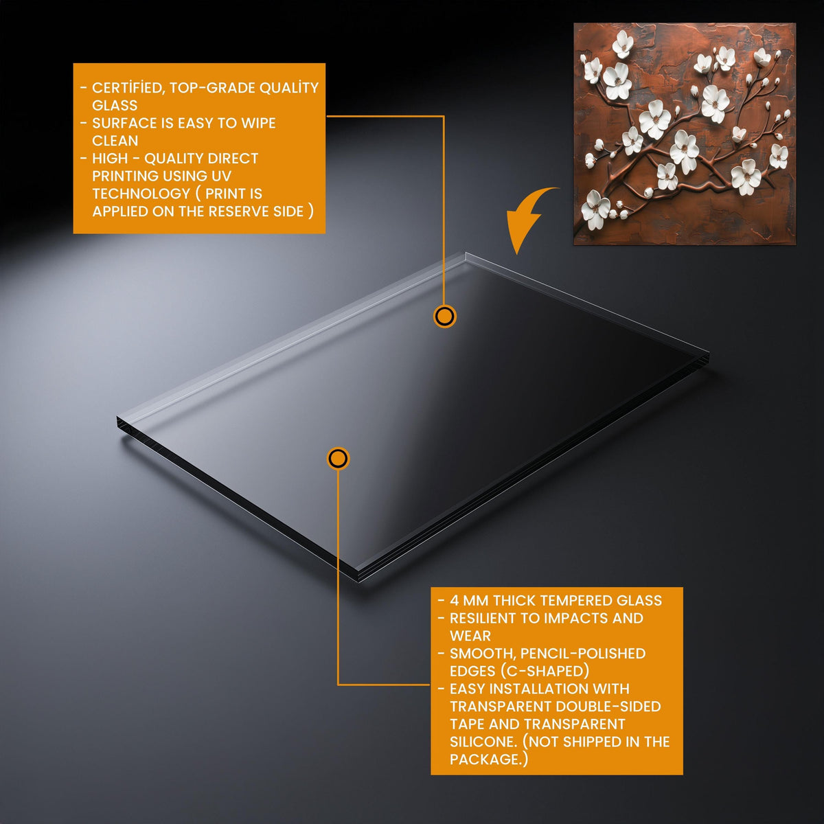 Tempered Glass Kitchen Backsplash: Copper Cherry Blossom Design