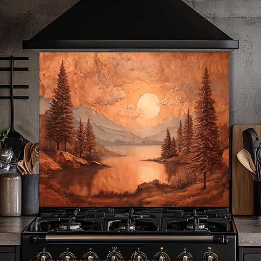 Tempered Glass Mountain & Deer Backsplash: Rustic Copper Kitchen Decor