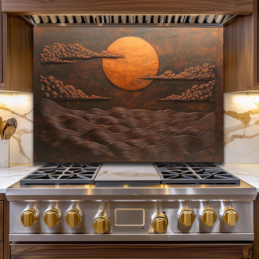 Copper Sunset Ocean Glass Backsplash, Rustic Beach Stove Guard, Heat Resistant Easy Clean Art