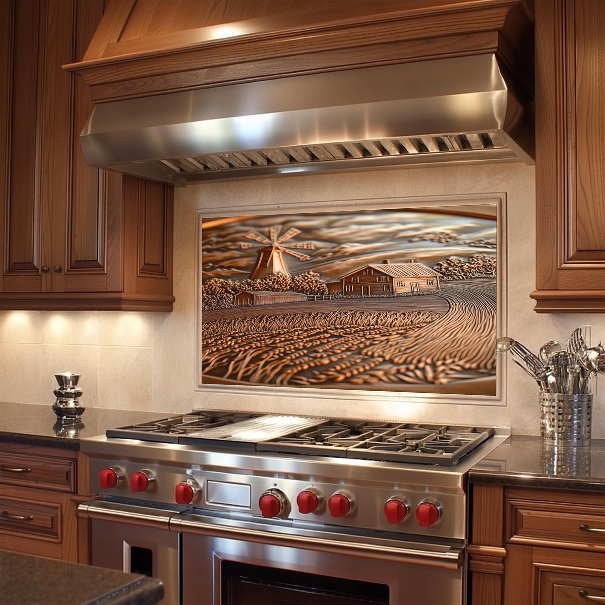 Copper Embossed Kitchen Backsplash: Rustic Farmhouse Windmill Scene