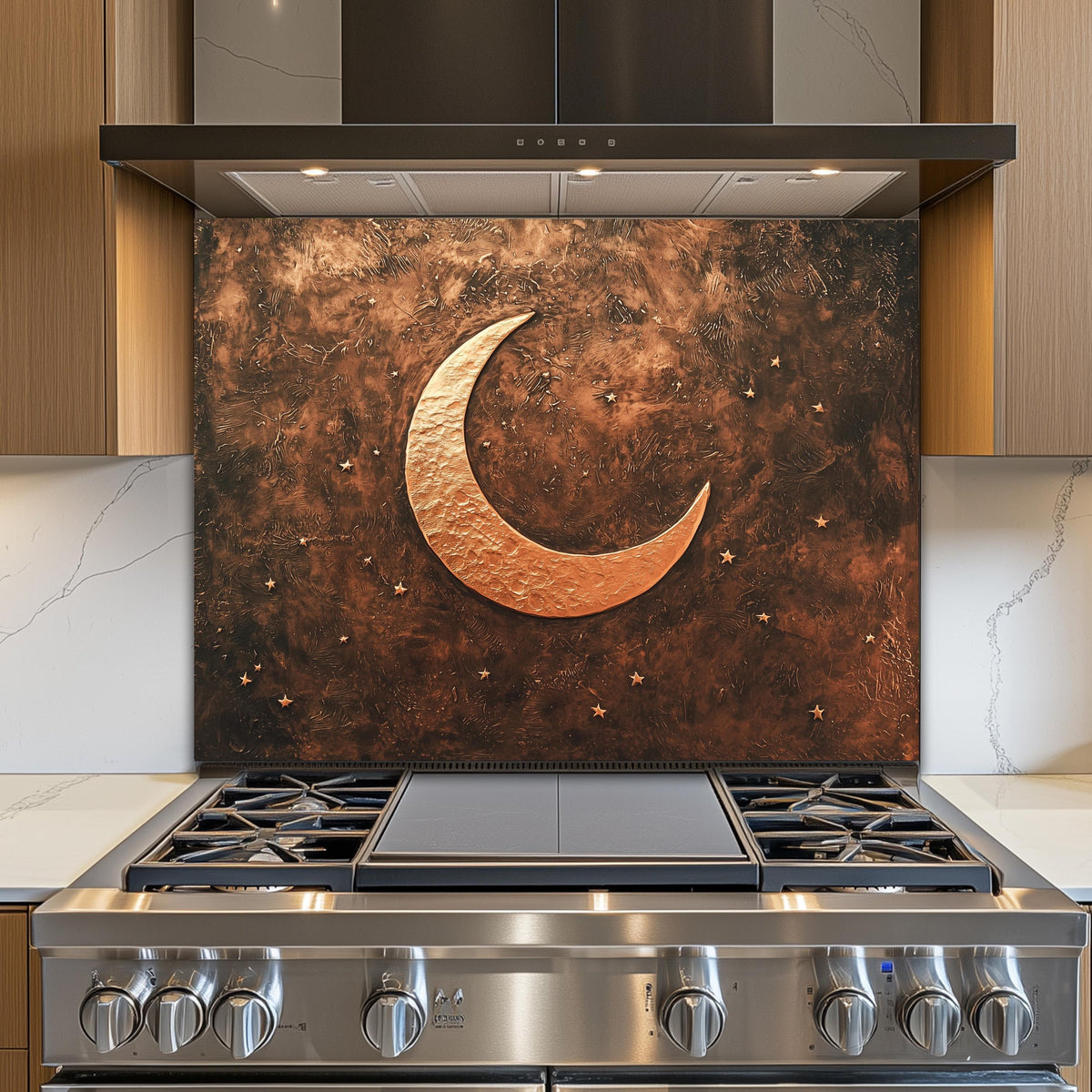 Copper Moon Tempered Glass Backsplash: Rustic Kitchen Decor