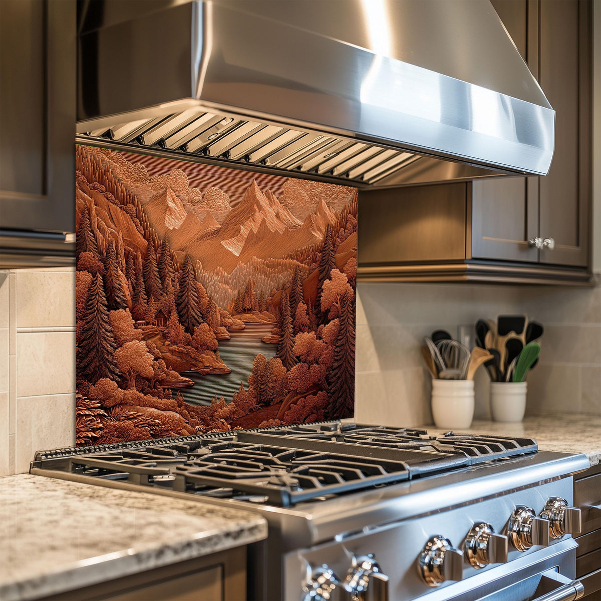 Rustic Sepia Mountain Glass Backsplash: Cabin Kitchen Stove Panel