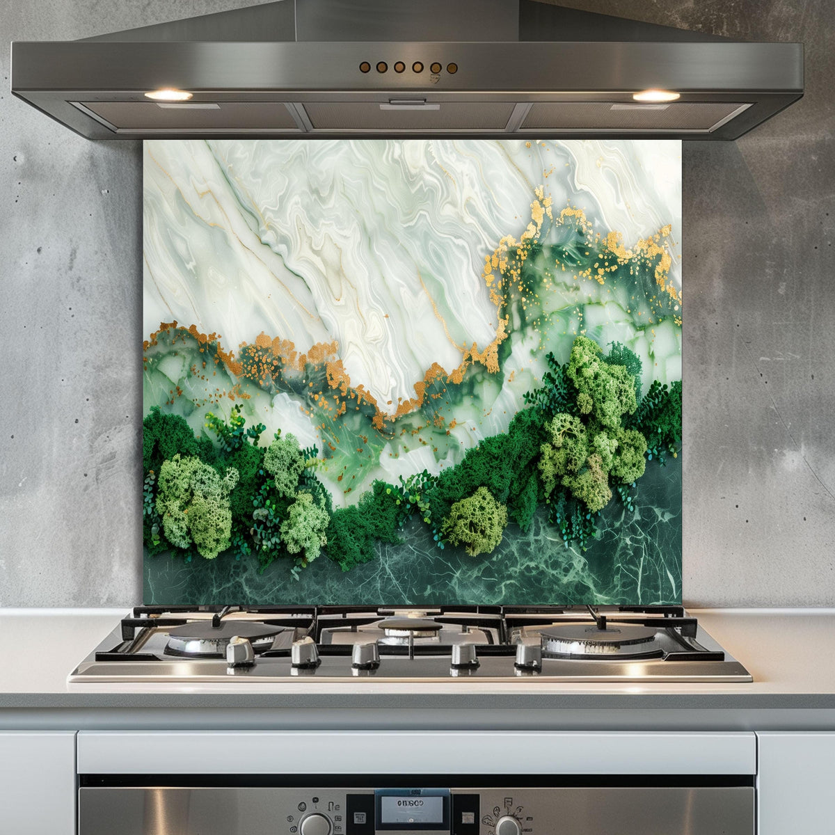 Green Marble Moss Glass Backsplash, Nature Texture Stove Guard, Heat Resistant Easy Clean Art