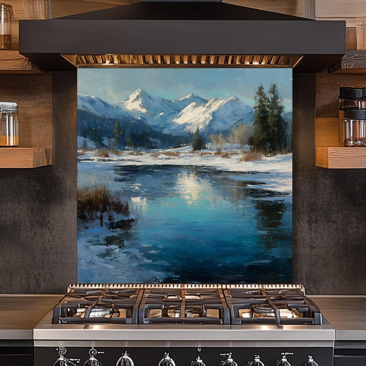 Winter Mountain Landscape Glass Backsplash: Tempered Glass Stove Panel